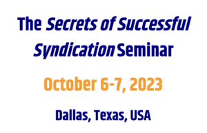 An image of a flyer advertising a seminar titled "The Secrets of Successful Syndication" from October 6-7, 2023 in Dallas, Texas, USA.